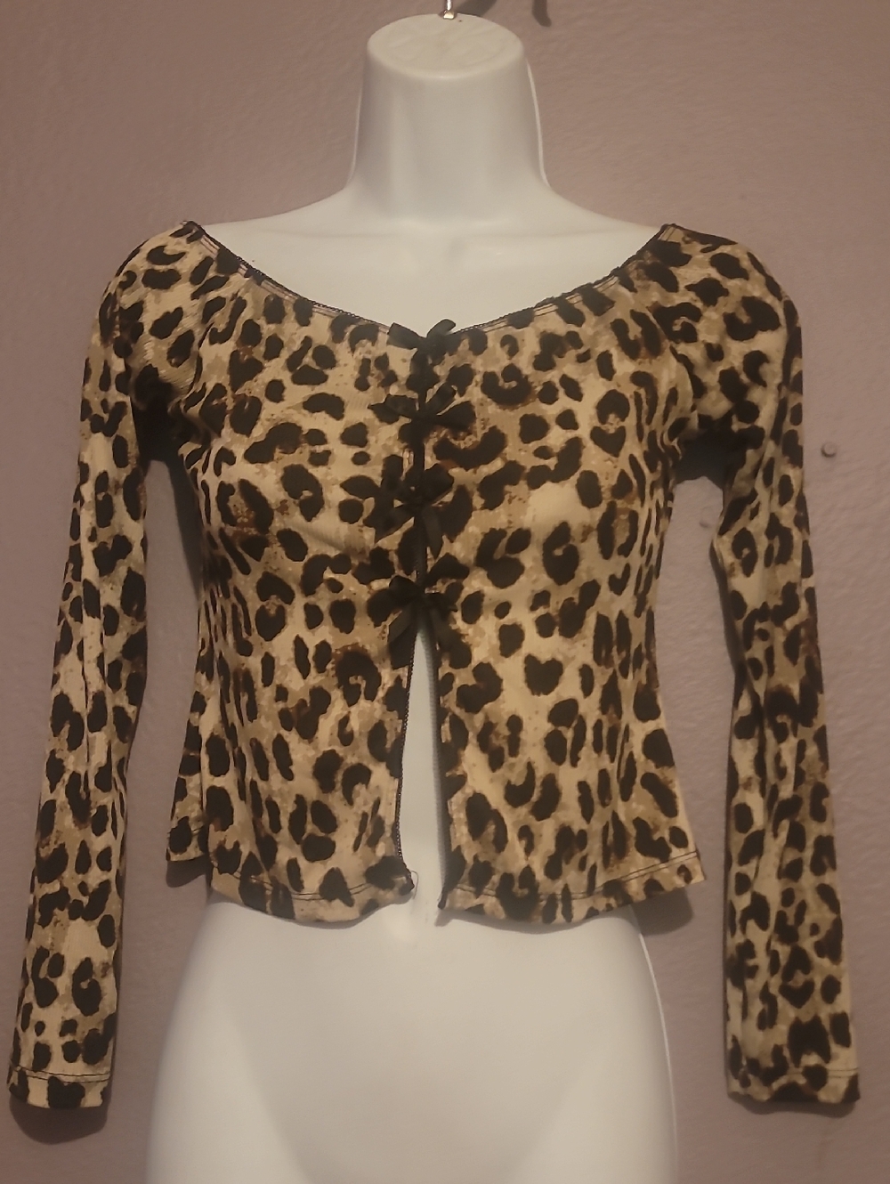 Leopard Print Tie-Front Long Sleeve Top - Tan/Black
